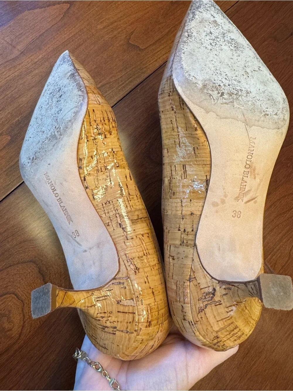 Manolo Blahnik Cork-Textured Pointed-Toe Pumps in Light Tan